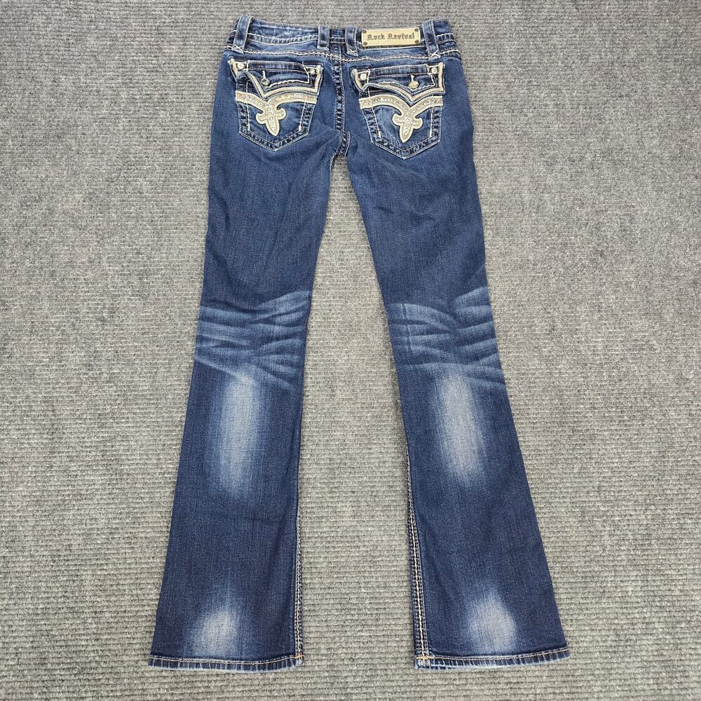 Rock Revival Kai Boot Jean Women 28x31 Blue Fleur De Lis Rhinestone Thick Stitch - Picture 2 of 8
